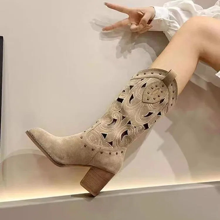 Fashion middle chunky heel Western cowboy boot in khaki, V cut embroidery and hollow out, round toe, rubber sole