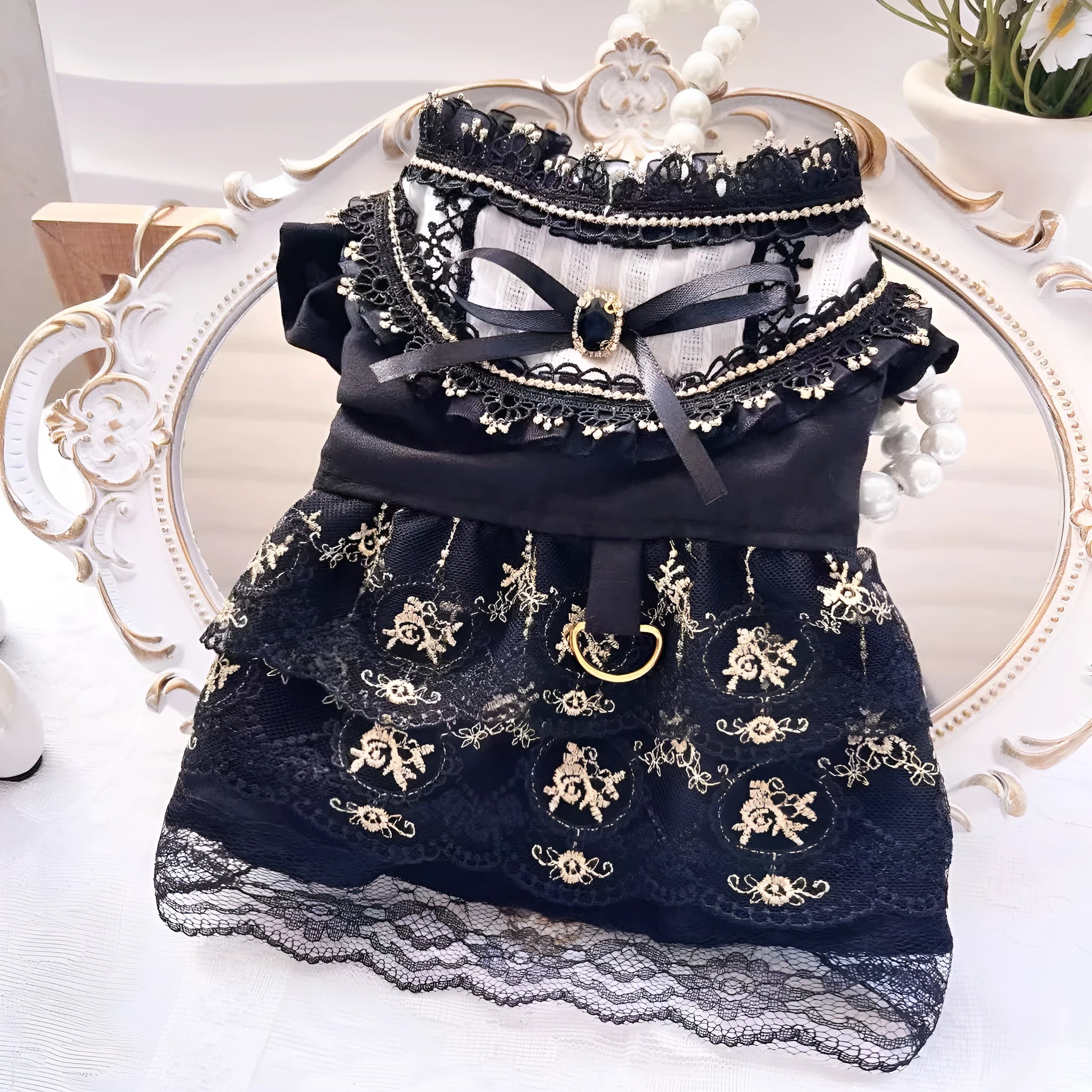 Golden gothic-style princess skirt for a small dog or cat on a mannequin.