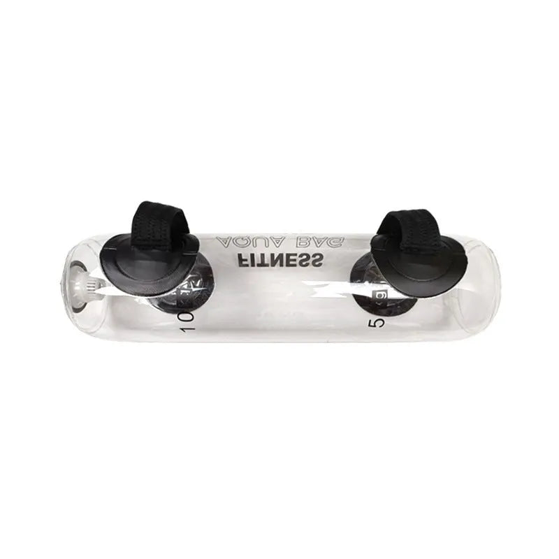Transparent PVC inflatable dumbbell bag filled with water for adjustable weight strength training.