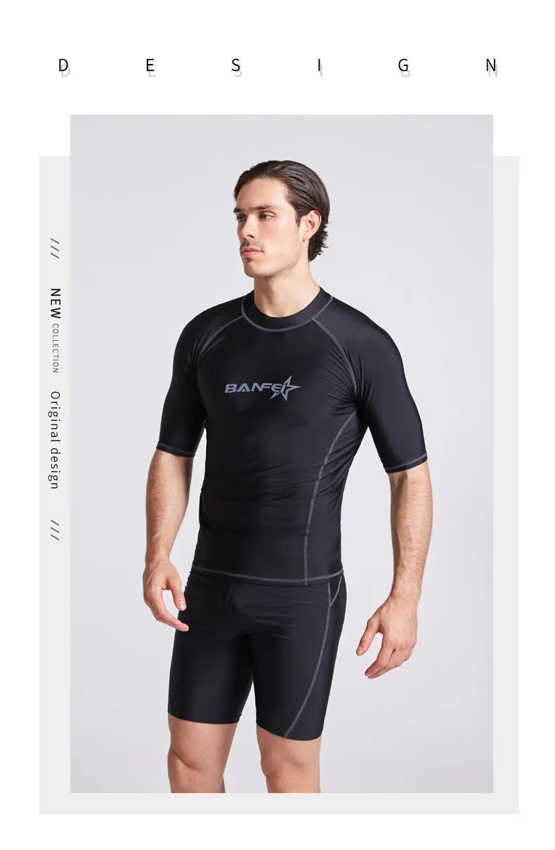 Men's quick-dry half sleeve swimsuit suit for snorkelling, showing separate nylon top and pants.