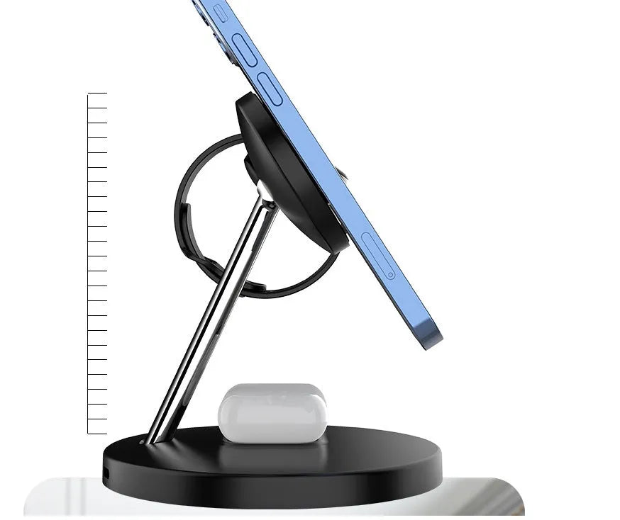 Three in one magnetic wireless charger in black or white, 175x120x85mm, with USB interface and EU US USB outlet options