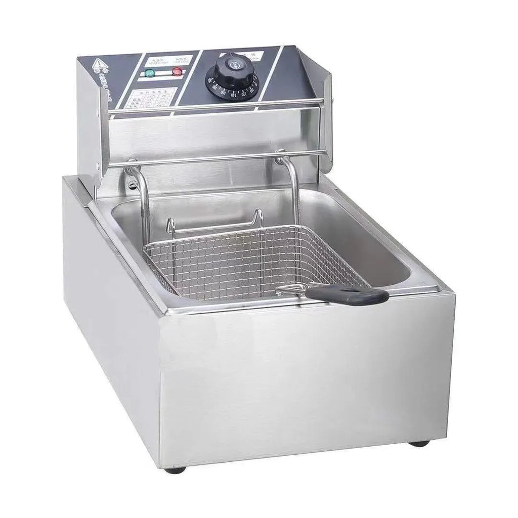 Stainless steel commercial electric deep fryer with lid and two frying baskets