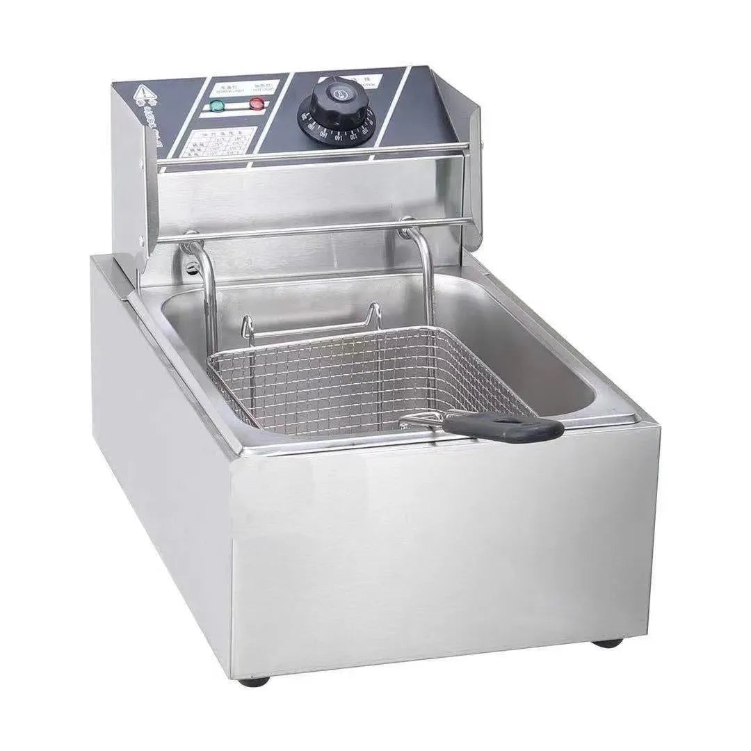 Stainless steel commercial electric deep fryer with lid and two frying baskets