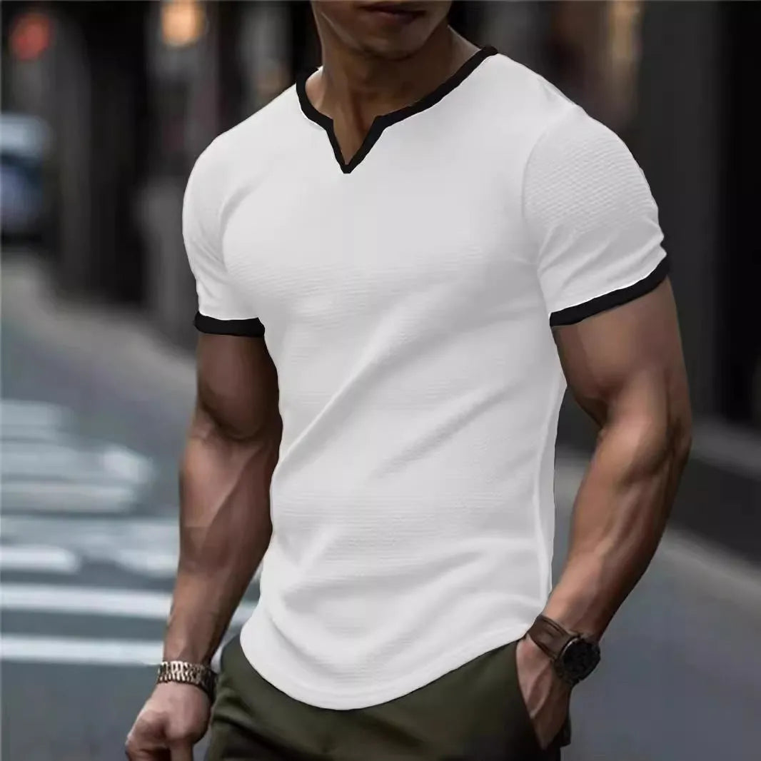 Men's colour-block V-neck short-sleeve sports T-shirt on a hanger, showing waffle texture and multiple colour options.