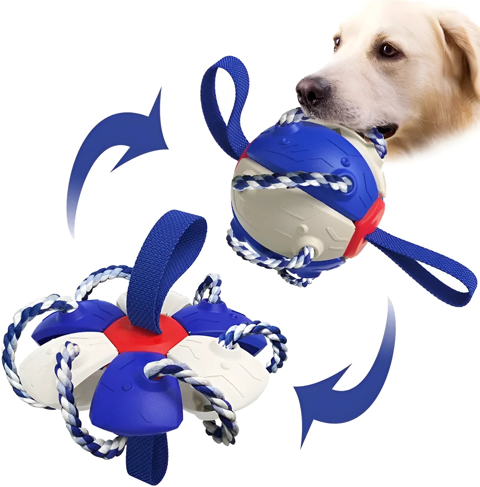 Interactive dog football soccer ball with tabs in blue and yellow, flattened into a frisbee shape with cotton rope around edge