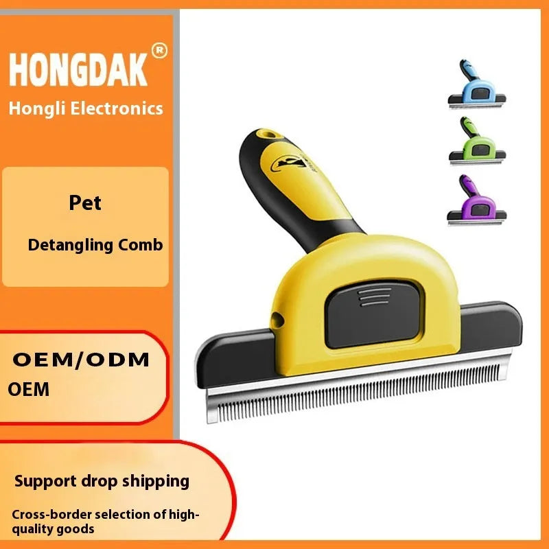 Blue or yellow dog grooming comb with stainless steel teeth and plastic handle for pet hair removal