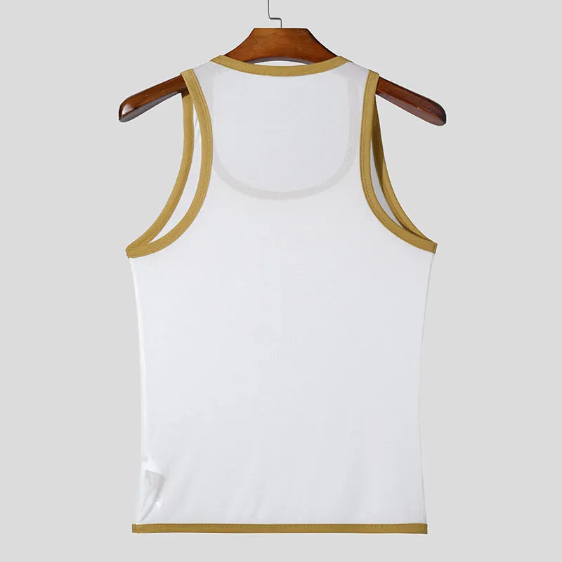 Men's solid-colour tight-fitting mesh vest for sports in black or white.