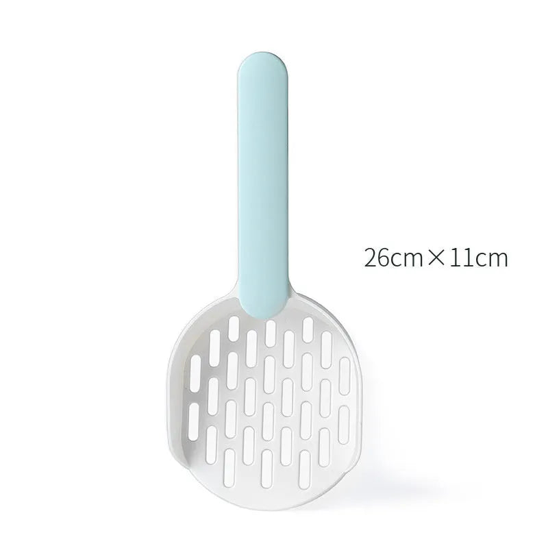 Plastic cat litter shovel in blue colour showing scoop design for litter box cleaning