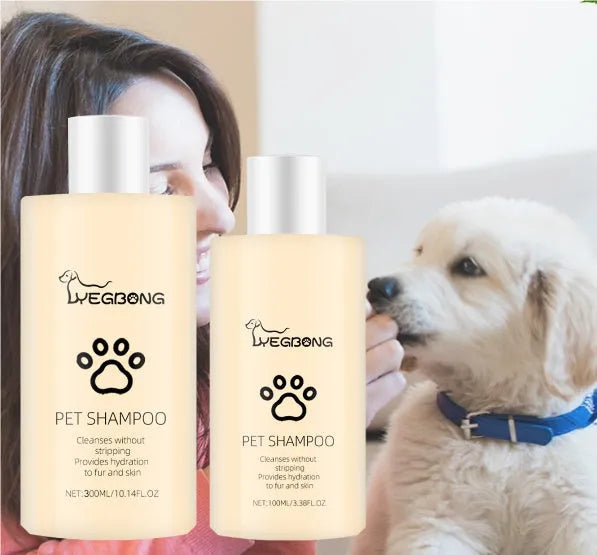 Bottle of mild pet shampoo for dogs and cats in 100ml and 300ml sizes for soft, tangle-free hair.