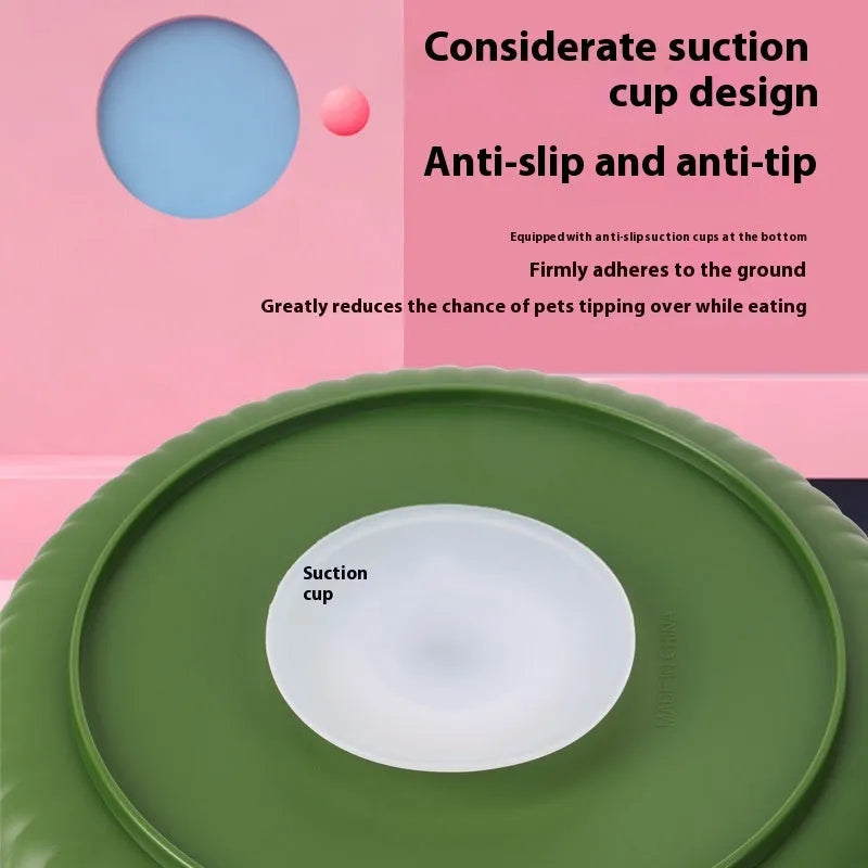 Pet slow feeder bowl with coloured plastic base and a textured silicone lick mat insert in a snowflake pattern.