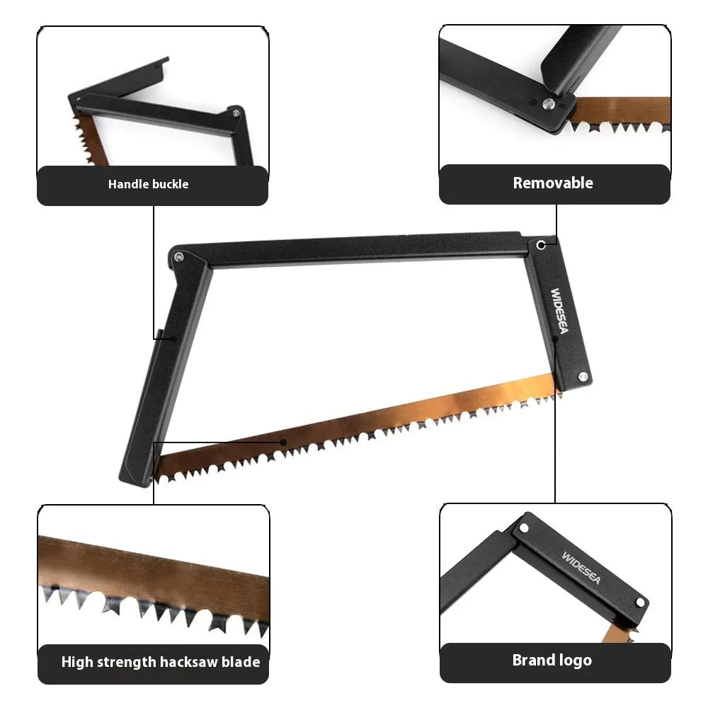 Black outdoor foldable saw with aluminium handle shown in open and closed positions.