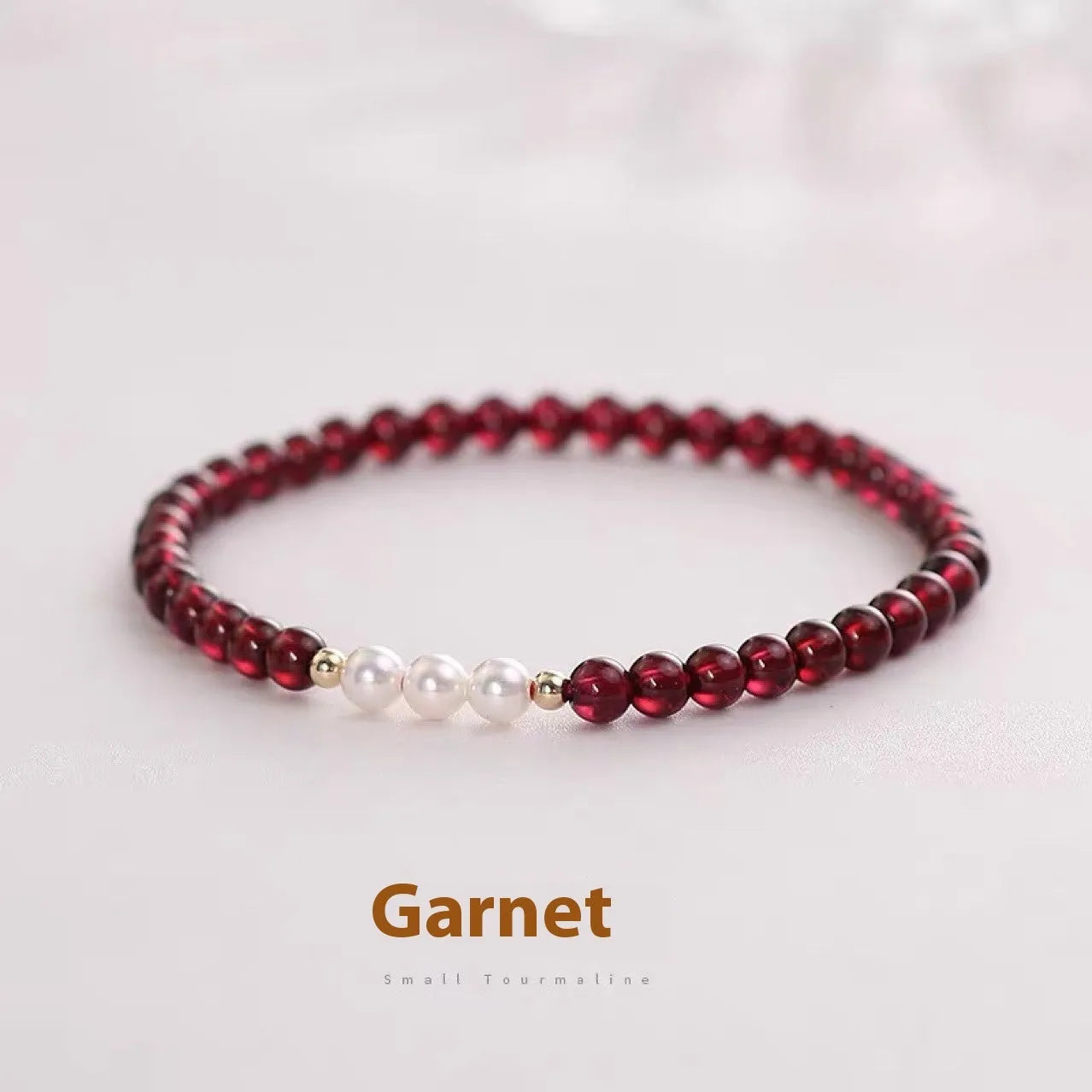 Garnet red crystal and white artificial pearl bracelet for women, shown in 3mm and 4mm bead size options.
