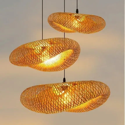 Natural woven bamboo straw hat-shaped pendant ceiling lamp with an open weave design.