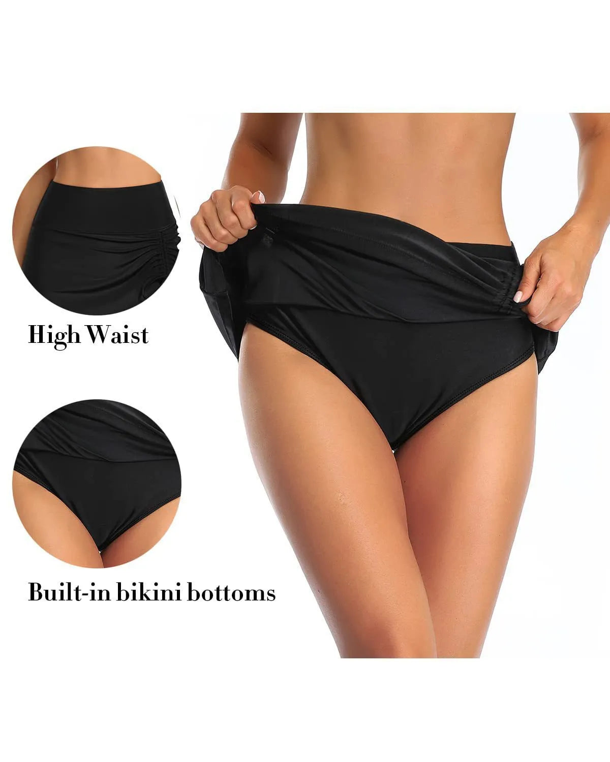 Women's solid colour lace-trimmed casual swimming trunks in polyester fabric.