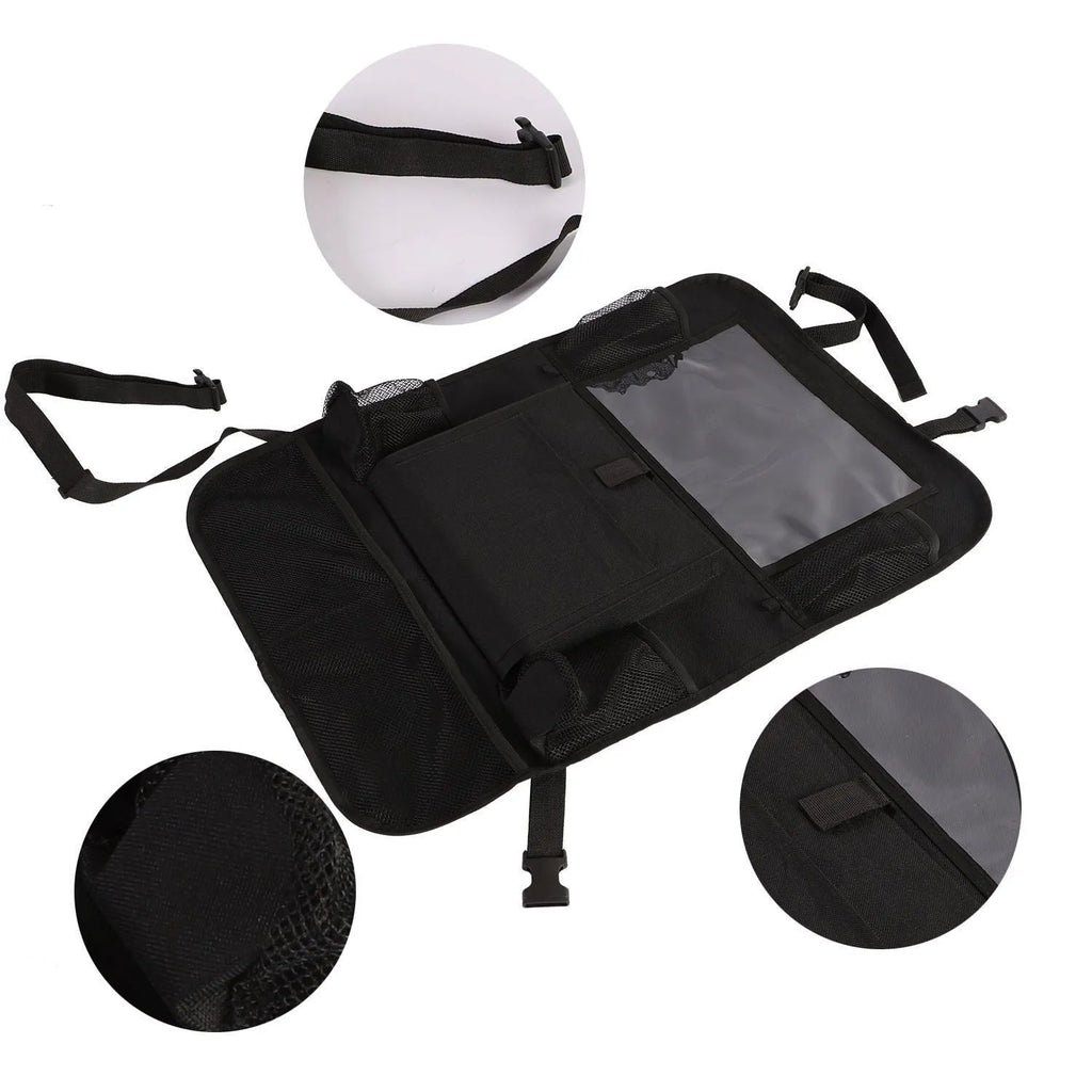 Black universal car organiser hanging storage bag with multiple pockets attached to car headrest