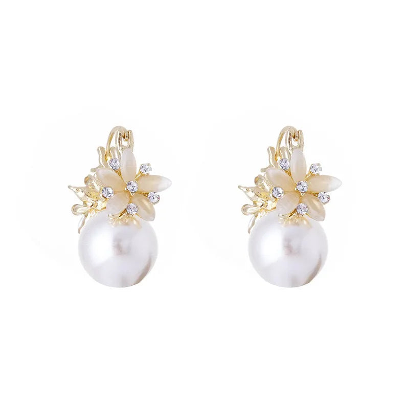 Purple pearl flower earrings with faux pearl centre, simple fashion style, shown in purple red and white options