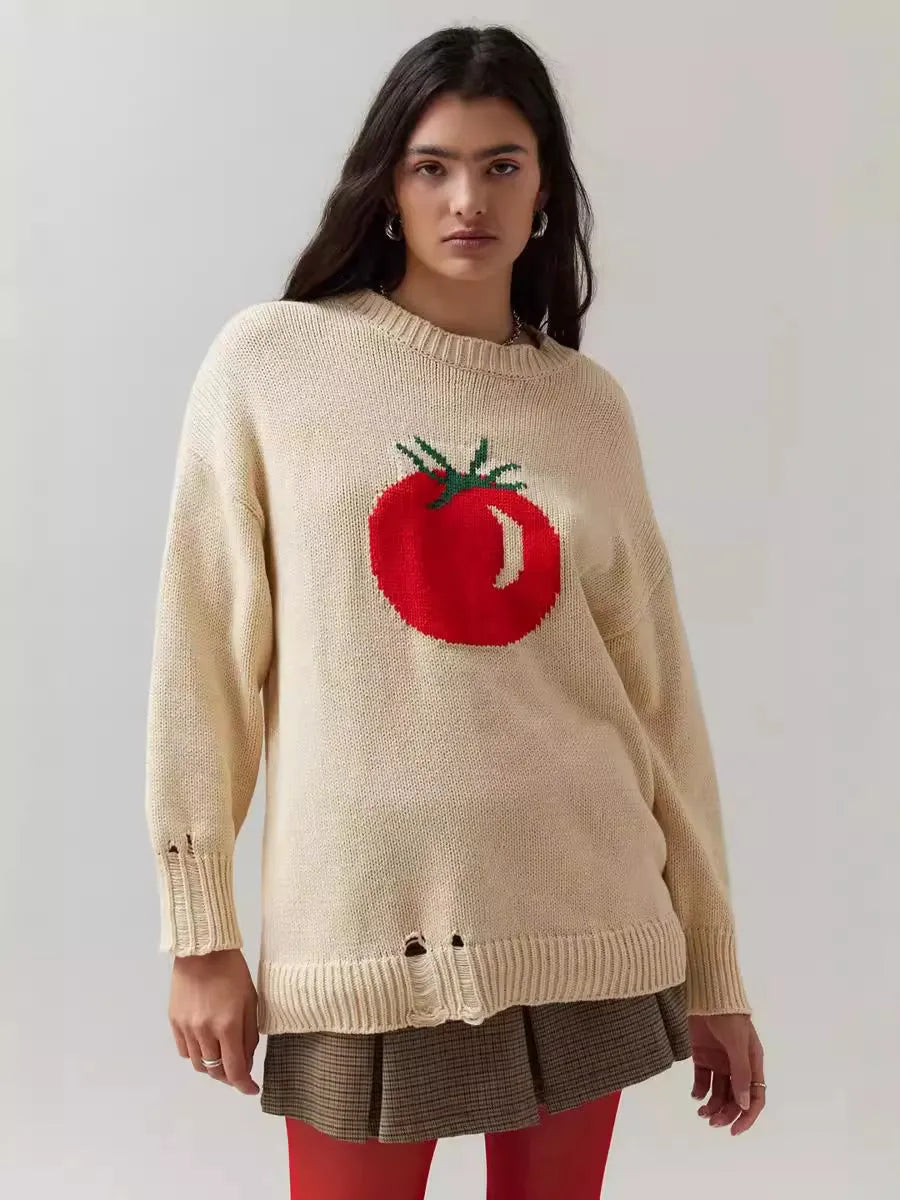 Milky white women's loose-fitting acrylic sweater with jacquard pattern and long sleeves.