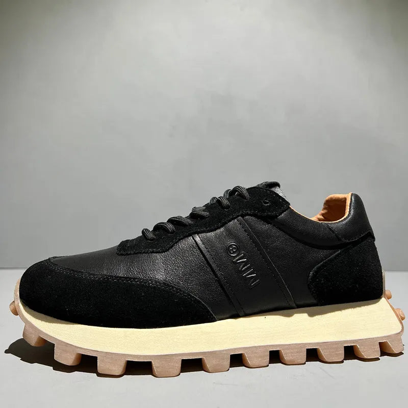Mens lace-up leather sports shoes with thick rubber foam sole and heightening heel, black or white, sizes 38-43