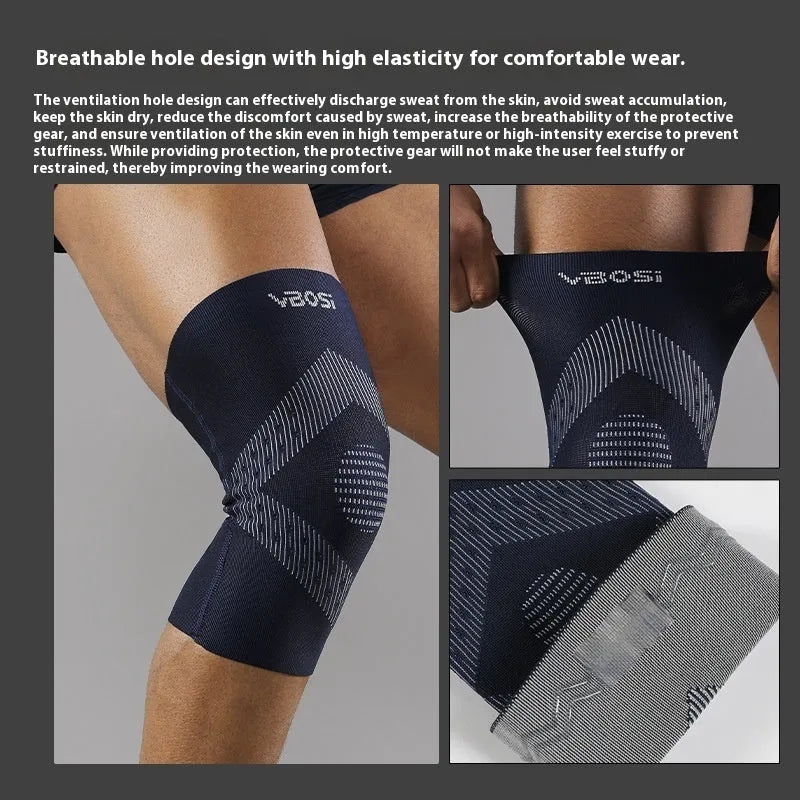 Sports running knee pad in black for adults, polyester fibre construction for joint protection during badminton and skipping.