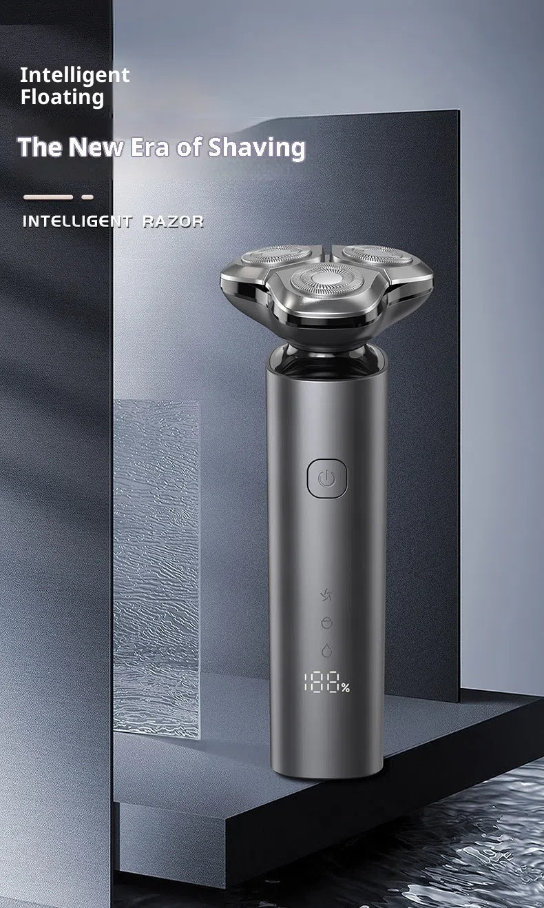 LED electric washing three-head shaver with digital display, rechargeable battery, and cleaning brush