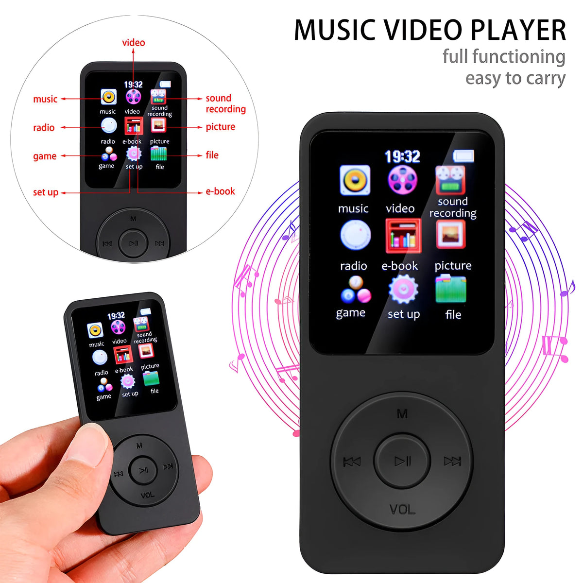MP3 Walkman Student Edition touch Bluetooth Mp4 player, 1.8 inch screen, push-button operation, black colour, with USB cable