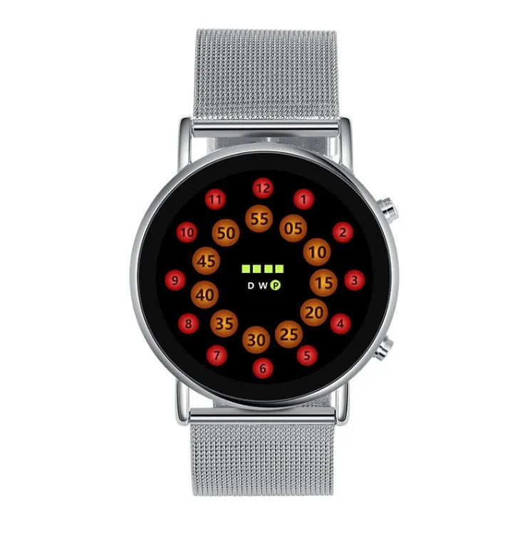 LED electronic watch with alloy case and steel mesh strap showing illuminated blue display