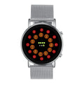 LED electronic watch with alloy case and steel mesh strap showing illuminated blue display