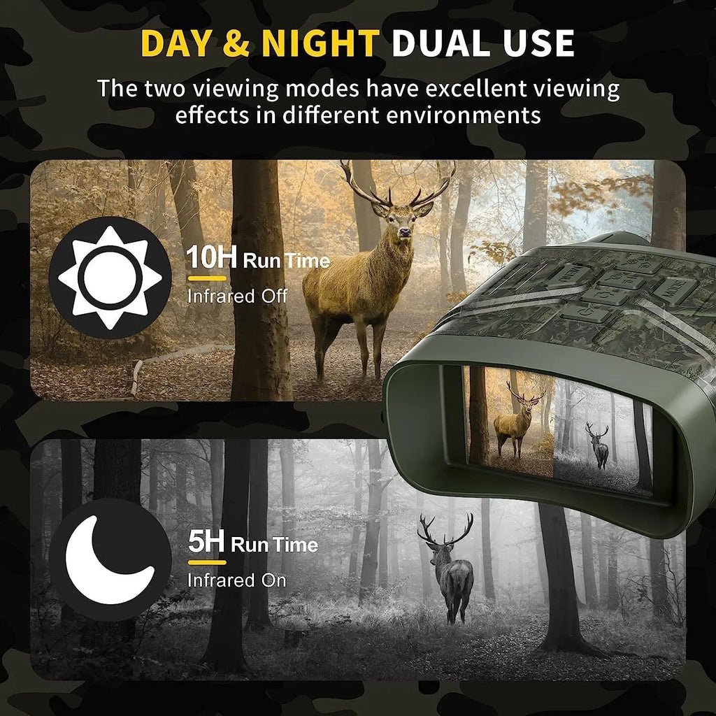 Black night vision instrument with 4K 36MP resolution and 3-inch display showing night vision footage