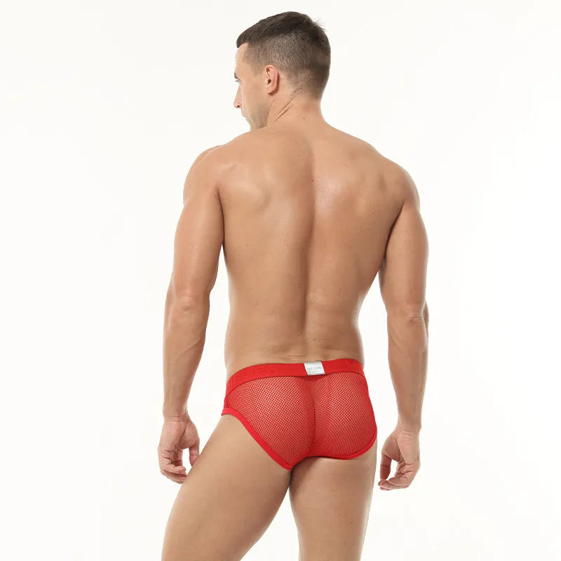Men's mesh briefs in low waist design with elastic fabric and solid colour options
