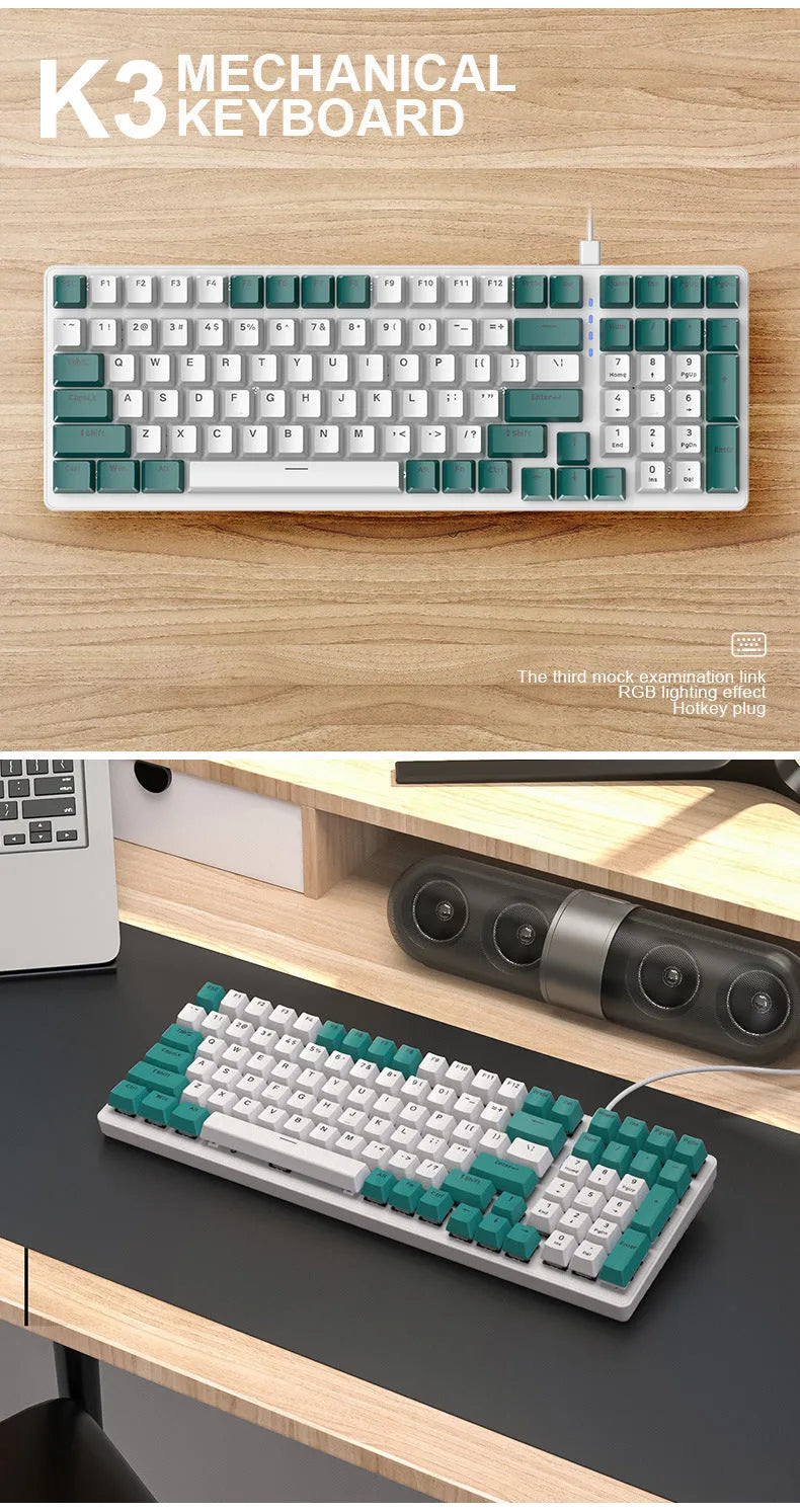100-key wired mechanical gaming keyboard, ABS plastic, USB, 1.5m cable, 37x13.5x3.5cm, Bee Light green Shimmer