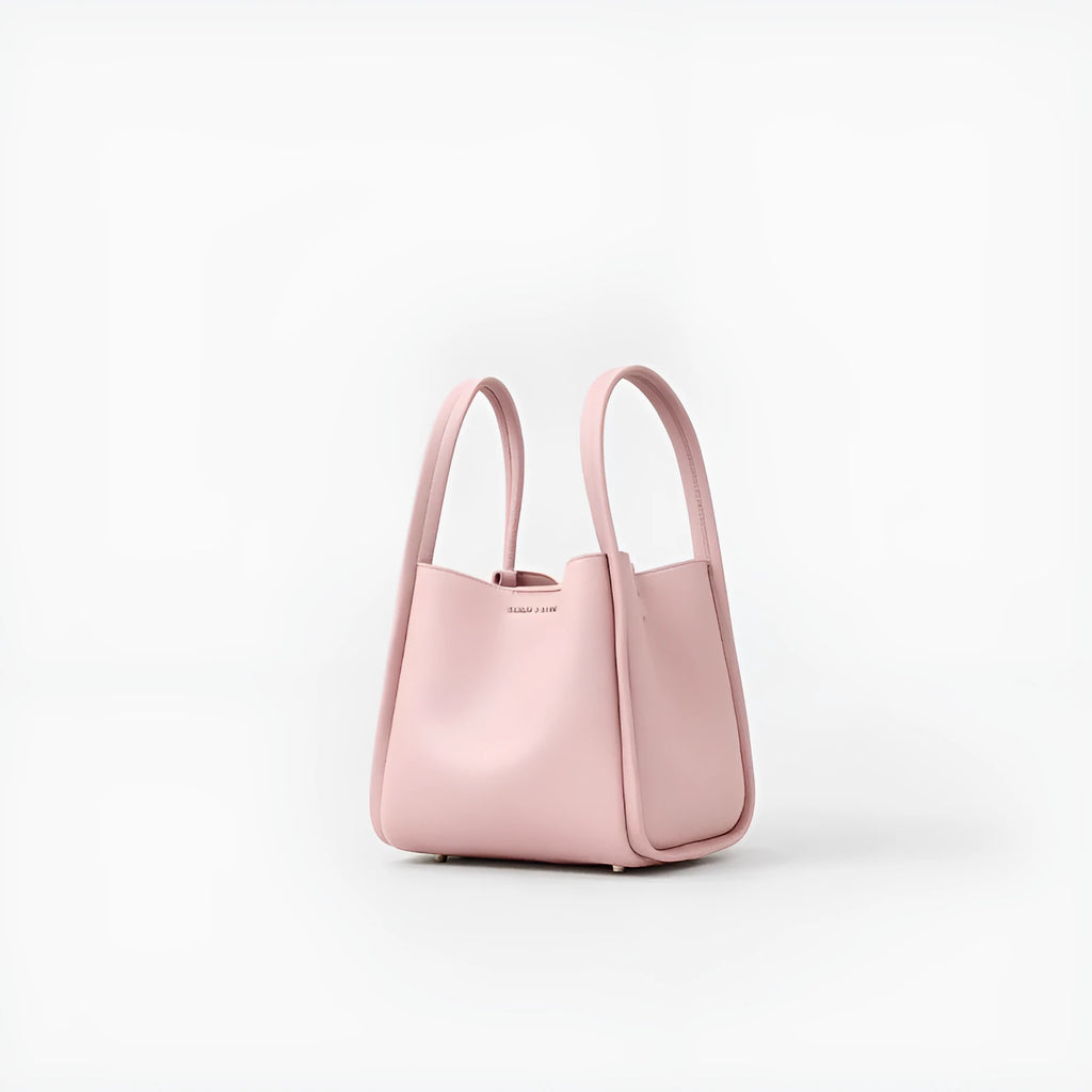 Genuine leather bucket shoulder bag for women, 20x16x19cm, pink colour, with sewing thread and lock detail