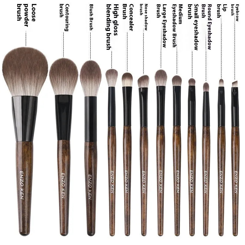 12 piece makeup brush set with artificial fibre brush heads and wooden handles in PU storage bag