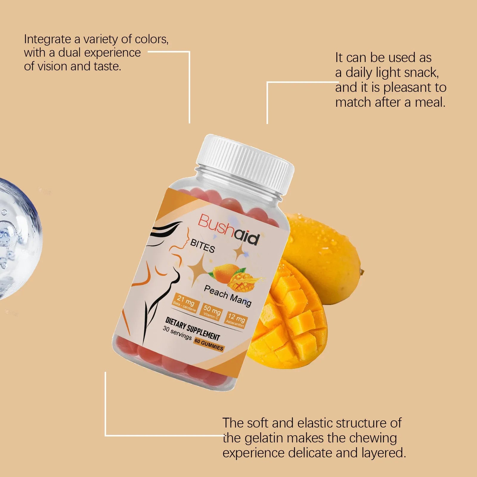 BUSHAID Tanning Gummy Candies dietary supplement bottle showing 60 vegan soft gummies with astaxanthin.