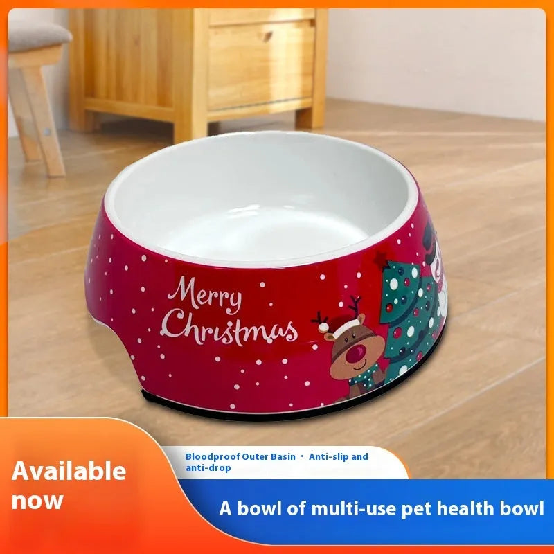 Red Christmas pet bowl with stainless steel double-layer construction in three size options for dogs and cats