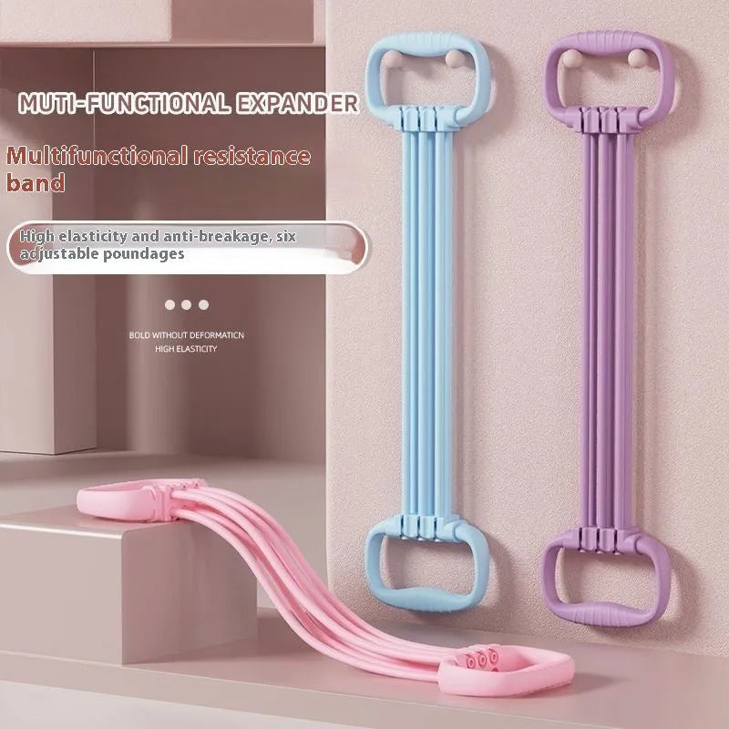 Women's adjustable chest expander with TPE tensile rope in blue, pink, or purple colour.