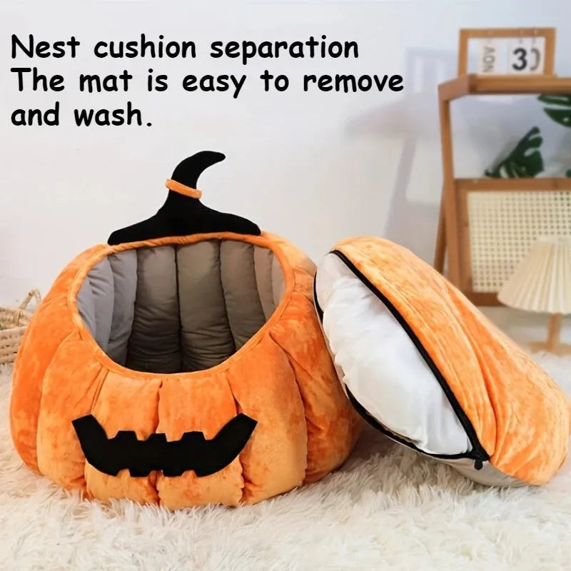 Halloween pumpkin-shaped pet bed with cartoon devil design for cats and small dogs