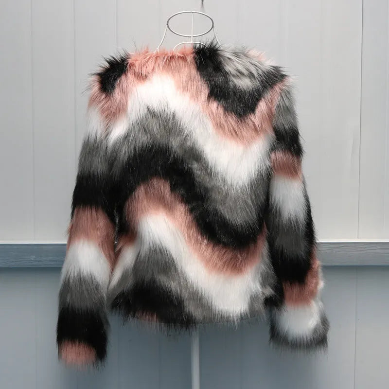 Korean style women's faux fur leather coat with O-neck design