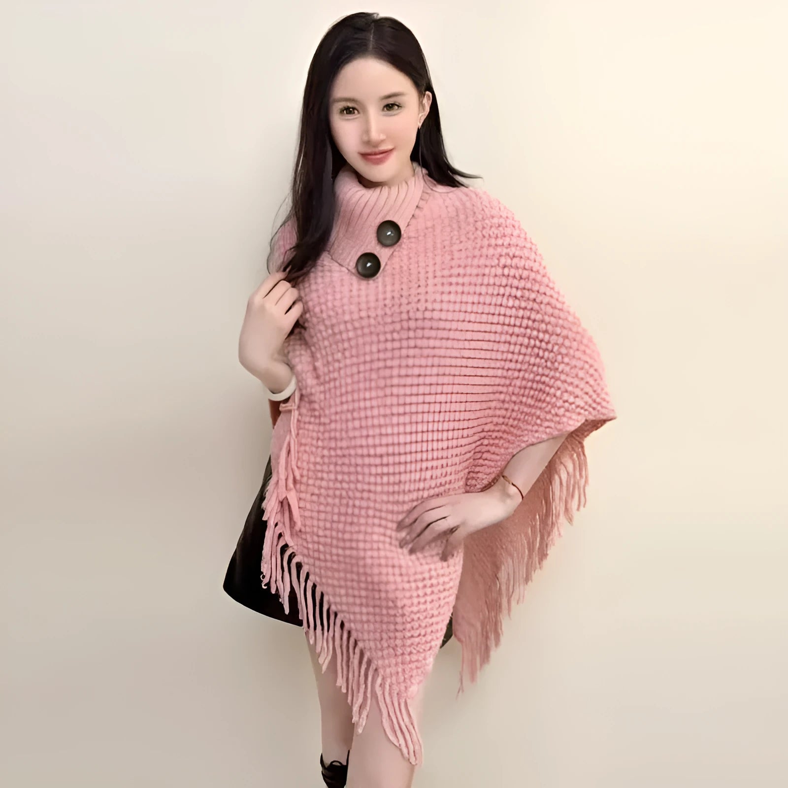 Women's triangular plush shawl cape with tassel detailing in casual style