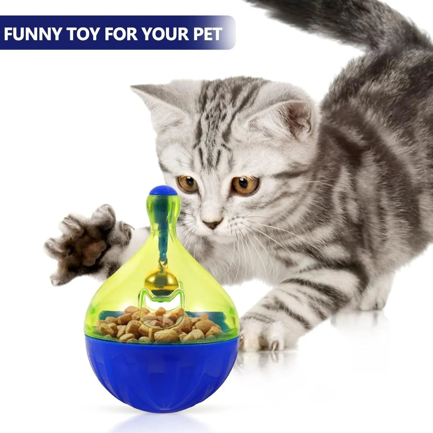 Small pet treat tumbler dispenser toy for dogs and cats with interactive food puzzle design