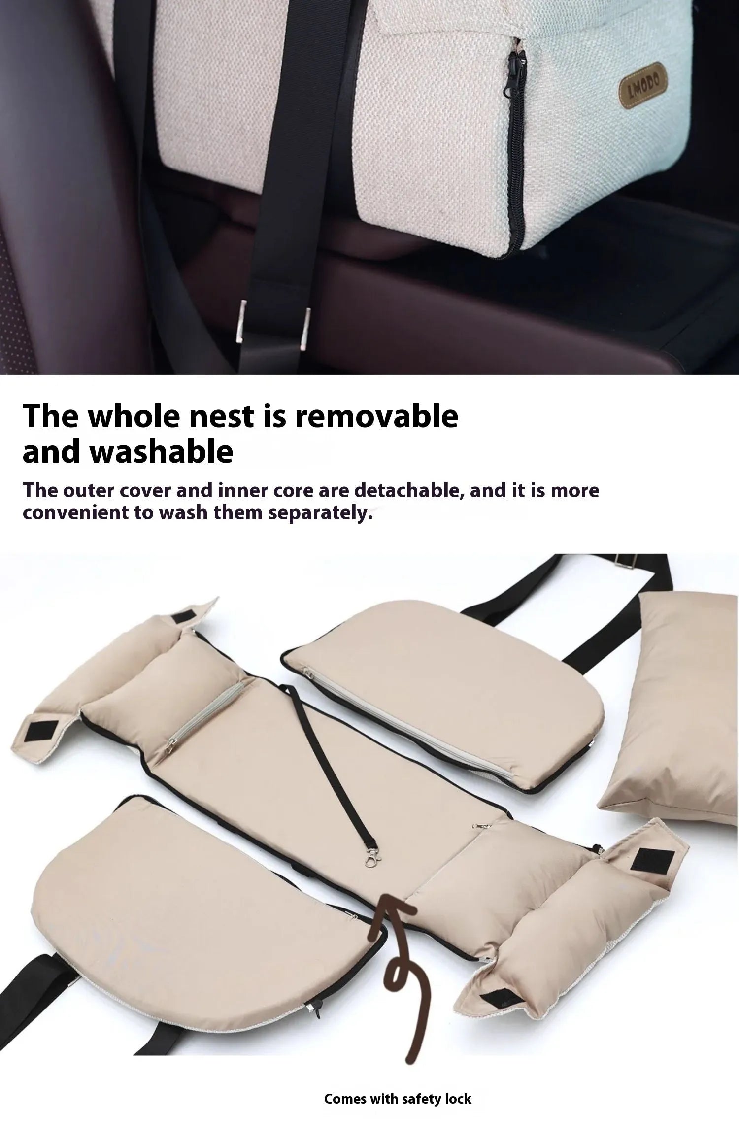 Beige polyester pet car nest and diaper bag with dimensions 23x20x40 cm