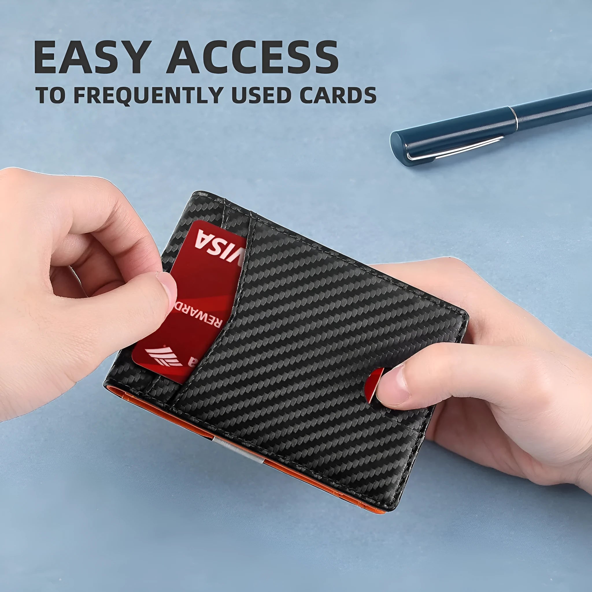 PU leather anti-theft card holder in carbon fibre black with multiple card slots.