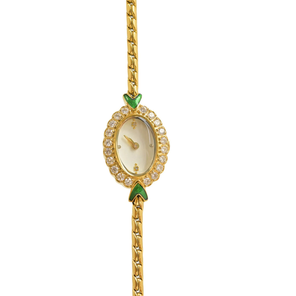 Small European-style gold women's watch with rhinestone inlay, 316L stainless steel case, and synthetic sapphire dial mirror on adjustable strap