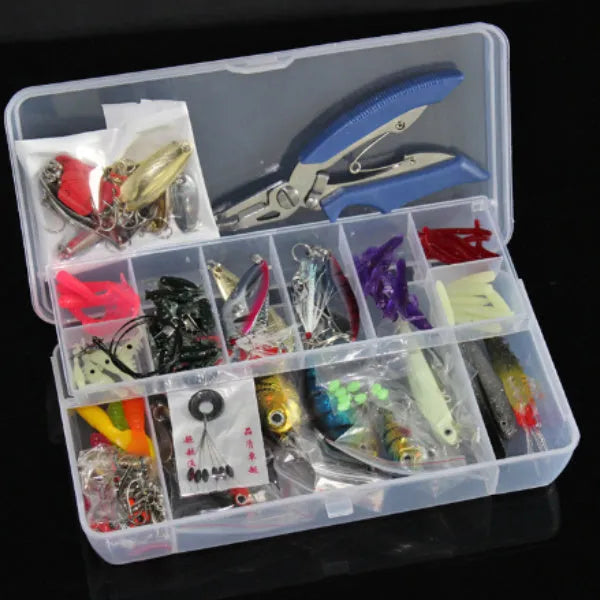 132-piece fishing lure set with soft baits and hooks in rose red treasure packaging