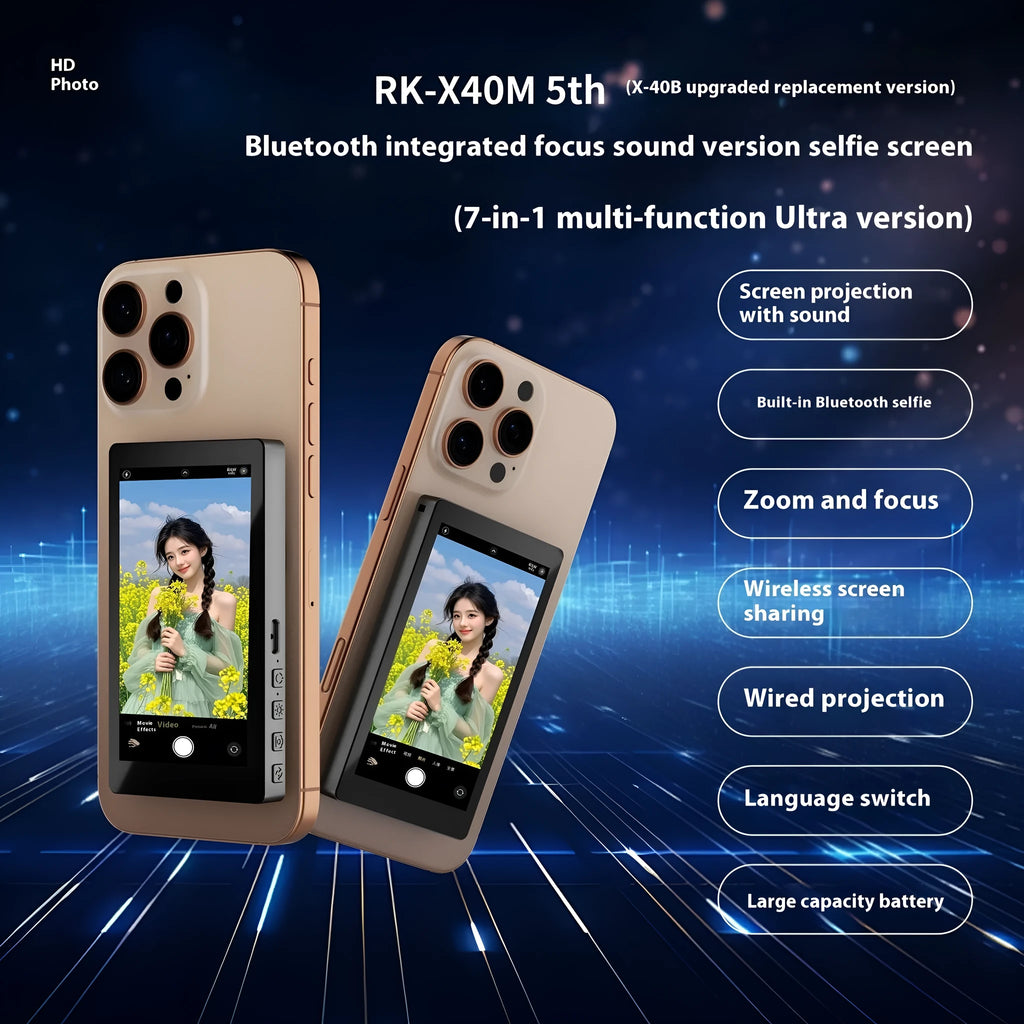 Black magnetic mobile phone screen projector showing rear view with USB port and display.