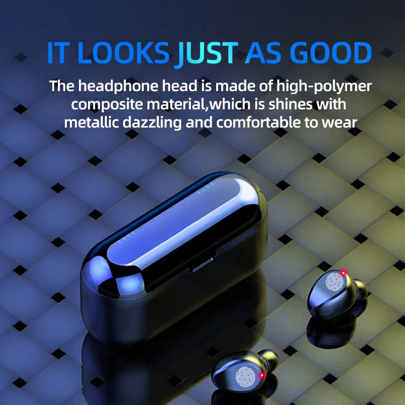 Black wireless Bluetooth headset with digital display, Bluetooth 5.0, stereo earplugs, 10 metre range and 4 hour battery