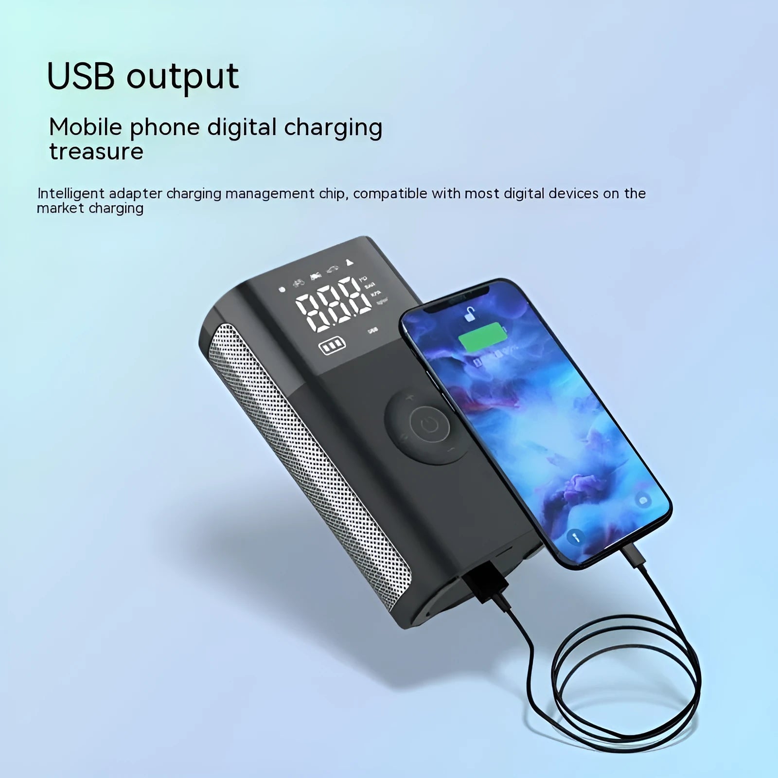 Black handheld digital car tyre pump with LED display and attached air hose, alongside bicycle and ball nozzles.