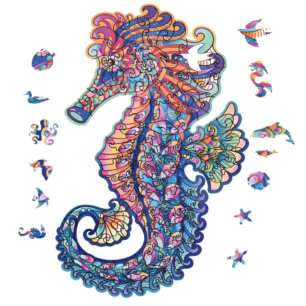 Irregular three-dimensional seahorse shaped wooden puzzle in A5 Haima, A4 or A3 variant