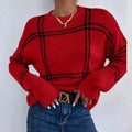 Women's casual plaid colour-block crew neck sweater with apricot, black, beige, red and green stripes