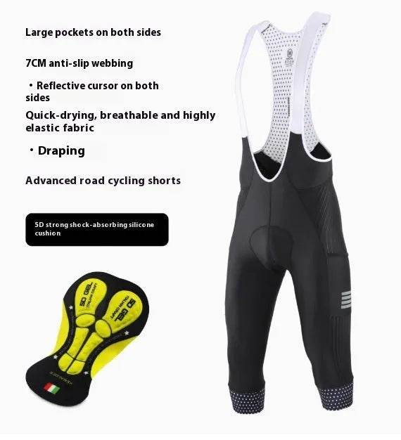 Black shock-absorbing seven-inch cycling shorts with pockets and a matching cushion for road and mountain biking.