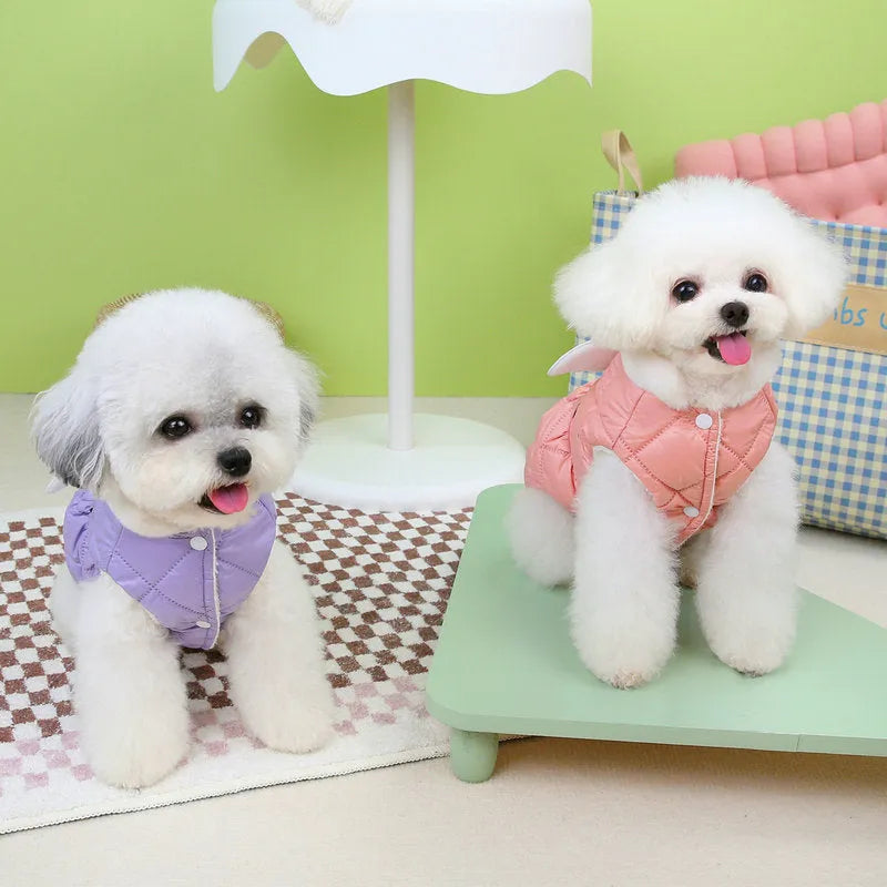 Small dog wearing pink polyester skirt with cotton-thickened ruffles and elastic waistband